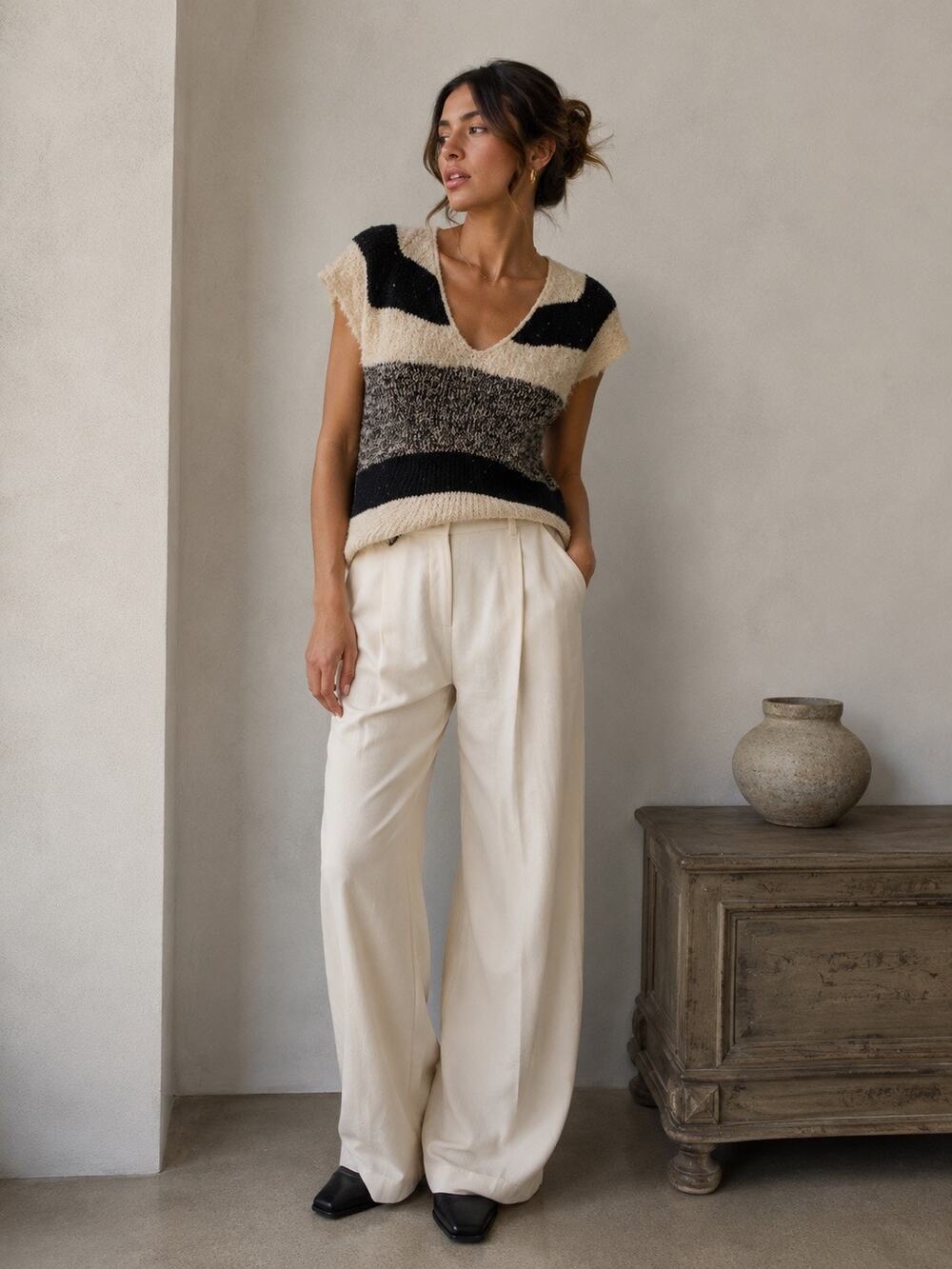 Brunello Cucinelli Knit Cotton Sweater Top Striped Neutral Medium Sequin Bow